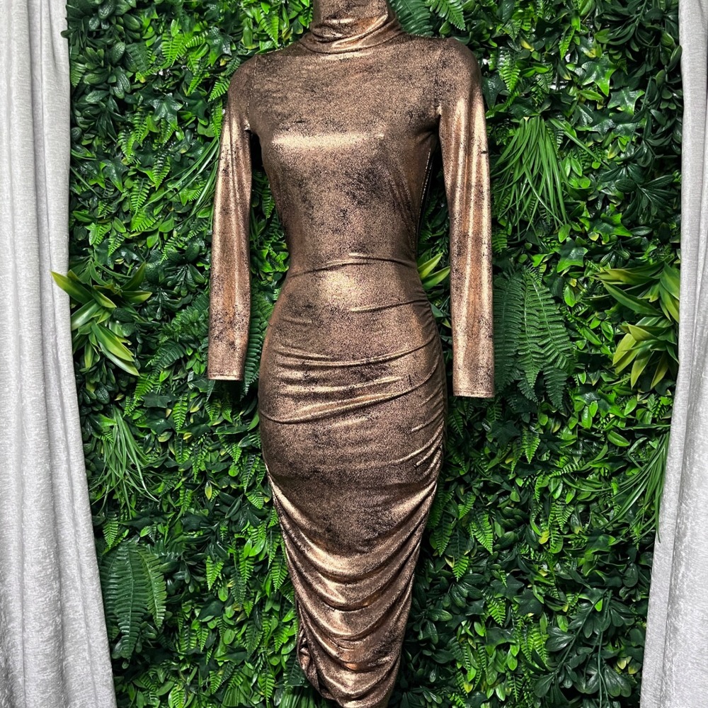 Monaco Dress Small Metallic Bronze Ruched Bodycon Midi Open Back Turtleneck 3969